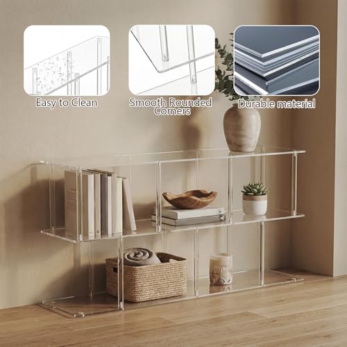 3-Tier Acrylic Low Bookshelf 11.8''D X 47.2''W X 24.6''H Clear Long Bookcase with Large Storage Cube Organizer Shelf Easy Assembly for Office Living Room Bedroom