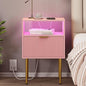 JOONEE Modern Nightstand with Charging Station and LED Lights, White Bedside Table with Drawer, Fluted Side Table for Living Room, Bedroom - color: Pink