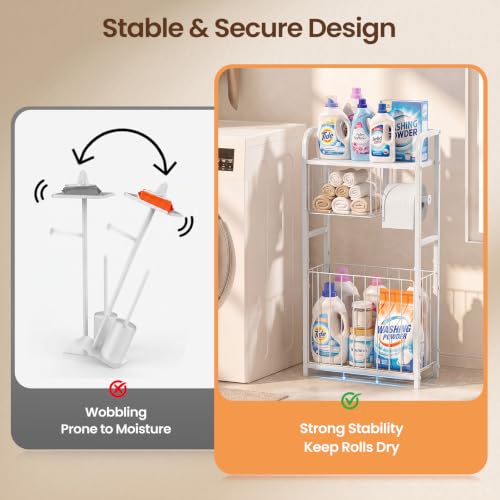 Freestanding Toilet Paper Holder Stand with Storage forSmall Bathroom Space | Holds 9 Spare Rolls, Phone, Wipes & Magazines –Large Capacity Toilet Paper Stand – Toilet Roll Dispenser and Organizer - color: White