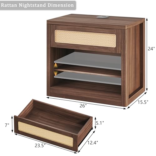 Rattan Nightstand, Night Stand with Wireless Charging, Mid Century Modern Bedside Table with Drawer & Open Shelf, Curved Profile Design, End Side Table with Storage for Bedroom, Walnut - color: Walnut