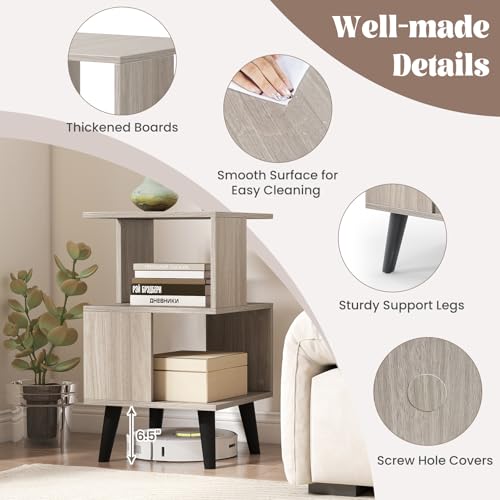 GOFLAME 3-Tier End Table Set of 2, Wood Sofa Side Table with Open Storage Shelves, Plastic Legs, Geometric Bedside Table, Modern Nightstand for Living Room, Bedroom, Small Spaces, Gray