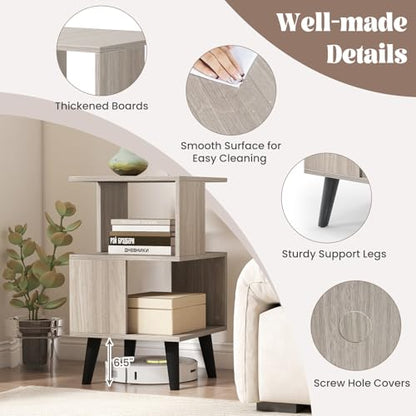 GOFLAME 3-Tier End Table Set of 2, Wood Sofa Side Table with Open Storage Shelves, Plastic Legs, Geometric Bedside Table, Modern Nightstand for Living Room, Bedroom, Small Spaces, Gray