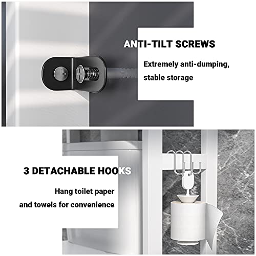 Homykic Over The Toilet Storage, Bamboo Over Toilet Bathroom Organizer Rack, Freestanding Bathroom Shelves Above Toilet Storage with 3 Hooks, Bathroom Space Saver, No Rust, Easy to Assemble, White - color: White