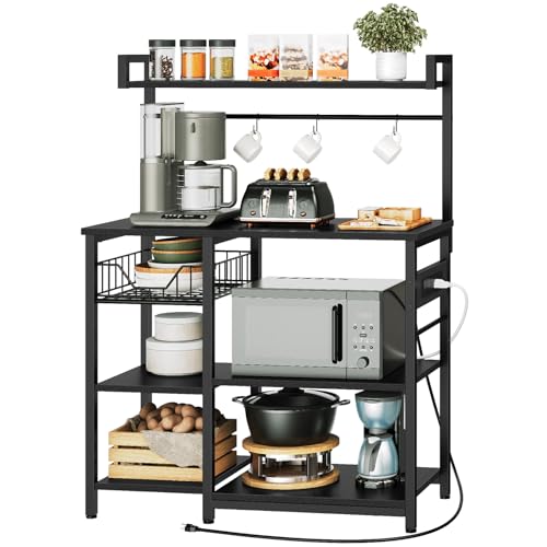 HOOBRO Bakers Rack with Power Outlet, 35.4 Inches Coffee Bar with Mesh Basket, Microwave Stand with 4 S-Shaped Hooks, Kitchen Bakers Rack with Storage, Easy to Assemble, Black BB05HB01 - color: Black