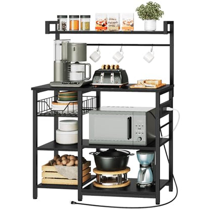 HOOBRO Bakers Rack with Power Outlet, 35.4 Inches Coffee Bar with Mesh Basket, Microwave Stand with 4 S-Shaped Hooks, Kitchen Bakers Rack with Storage, Easy to Assemble, Black BB05HB01 - color: Black