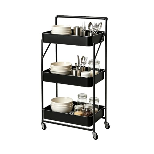 3-Tier Metal Foldable Rolling Cart with Wheels, Heavy Duty No Assembly Required, Space Saving Multi-Purpose Utility Trolley for Kitchen Bathroom Office Dorm Living Room Balcony (Black, Handheld) - color: Black