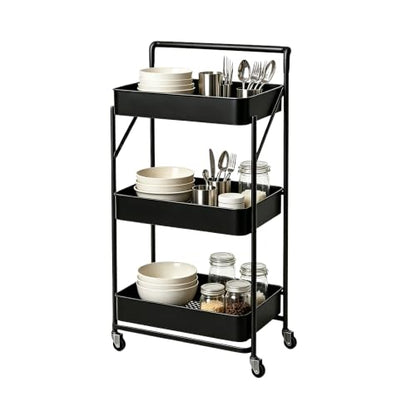 3-Tier Metal Foldable Rolling Cart with Wheels, Heavy Duty No Assembly Required, Space Saving Multi-Purpose Utility Trolley for Kitchen Bathroom Office Dorm Living Room Balcony (Black, Handheld) - color: Black
