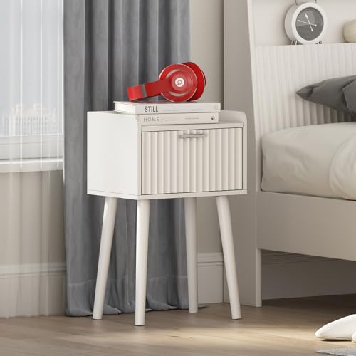 LAATOOREE Nightstand Set of 2, Small Bed Side Table with Fluted Door, End Table with Solid Wood Legs, Mid-Century Bedside Table for Bedroom Small Space - color: White, style: Fluted Style