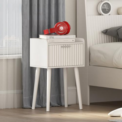 LAATOOREE Nightstand Set of 2, Small Bed Side Table with Fluted Door, End Table with Solid Wood Legs, Mid-Century Bedside Table for Bedroom Small Space - color: White, style: Fluted Style