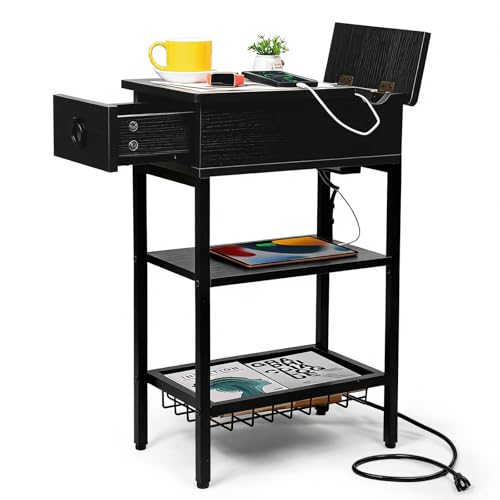 Small Black Side Table Charging Station for Bedroom, Narrow Black Living Room End Tables with Storage, Skinny USB Nightstand with Outlet, Gaming Coffee Table for Couch with USB Ports - color: Classic Black, style: Modern