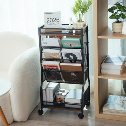 8-Tier Rolling Book Cart with Lockable Wheels, Double-Sided Storage Bookshelf for Narrow Spaces, Mobile Organizer Cart for Office, Library and Home