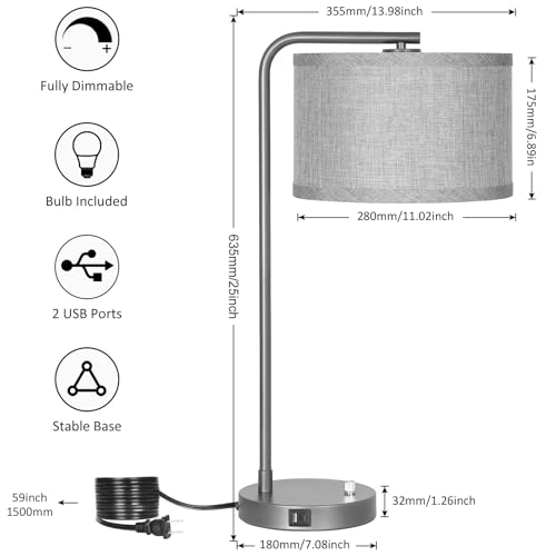 Gray Bedside Lamp with USB C+A Charging Ports, Fully Dimmable Modern Nightstand Lamp with Grey Fabric Shade, Tall Reading Lamp Desk Lamp for Bedroom Living Room Office with 3000K LED Bulb - color: Metal Gray Base with Gray Shade