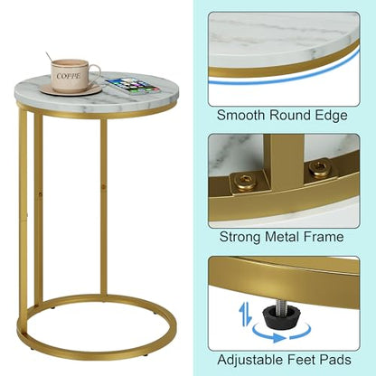 Function Home C Table End Table, Marble C Shaped Sofa Side Table, Couch Tables that Slide Under, Snack Accent Table for Living Room Bedroom Small Space, Marble Top and Gold Metal Frame - color: Round Gold