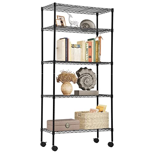 BLKMTY 5-Tier Heavy Duty Shelving, Steel Wire Shelving Unit, 1250 Lbs Capacity Adjustable Garage Shelves with Lockable Casters, 14 D x 30 W x 60 H, NSF Certified for Pantry Warehouse, Black - color: Black, size: 5 Tire: 13.9" D x 30" W x 61.2" H