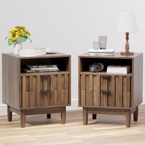 Fluted Nightstand Set of 2,Night Stand with Solid Wood Legs,Bedside Table with 2 Storage Drawers and Open Wood Shelf, End Side Table for Bedroom,Walnut - color: Fc-walnut, size: 2 PCS