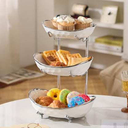 YYW 3 Tier Fruit Bowl for Kitchen Counter, White Gold Silver Ceramic Fruit Stand for Countertop, Home Fruit Rack with Metal Holder, Vegetable Snacks Nuts Bread Candy Storage (White (Silver Holder）) - color: White (Silver Holder）