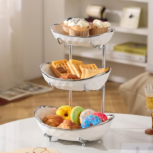 YYW 3 Tier Fruit Bowl for Kitchen Counter, White Gold Silver Ceramic Fruit Stand for Countertop, Home Fruit Rack with Metal Holder, Vegetable Snacks Nuts Bread Candy Storage (White (Silver Holder）) - color: White (Silver Holder）