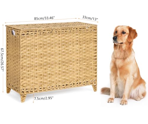 Laundry Hamper with 4 Removable Liner Bags; 176L Handwoven Rattan Laundry Basket with Lid & Heightened Feet; Clothes Hamper with Side Handles - color: Natural, size: 176L-4 Section
