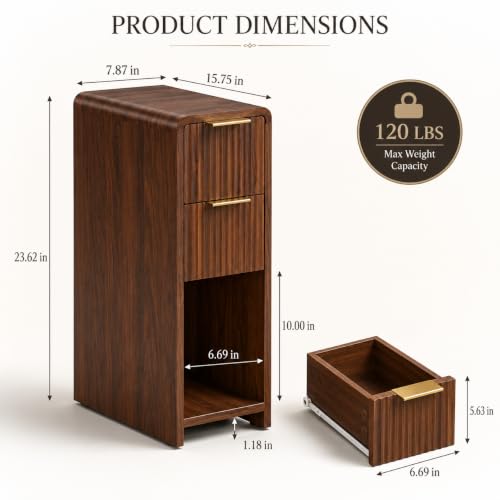 Fluted Narrow Nightstands Set of 2 with 2 Drawers and Open Shelf, Walnut Slim Bedside Tables with Gold Handles, Matching Side Tables for Bedroom - size: Set of 2