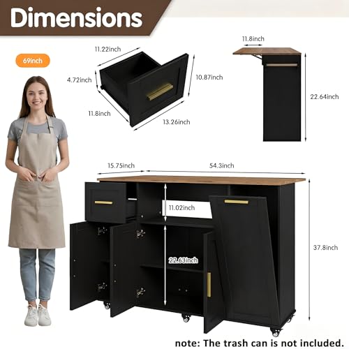 59" Rolling Kitchen Island Cart with Storage, Drop Leaf, Black | Mobile Prep Table with 2 Cabinets, Drawer & Trash Bin, All-in-one Counter Space Saver for Small Kitchens
