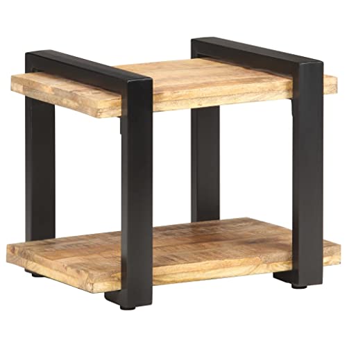 Industrial Bedside Cabinet, Natural Rough Mango Wood End Table, 19.7x15.7x15.7 inch Nightstand for Bedroom, Living Room, Durable Iron Frame, Brown Finish Bedside Furniture