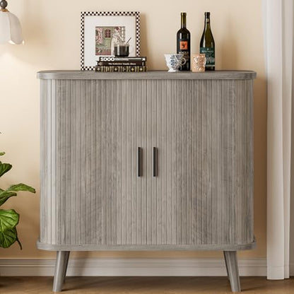 Sideboard Buffet Cabinet with Sliding Door, 31.5" Wide Fluted Modern Accent Storage Cabinet with Adjustable Shelves, Wood Coffee Bar Buffet Console Table for Kitchen, Dining Room, Living Room, Grey - color: Grey
