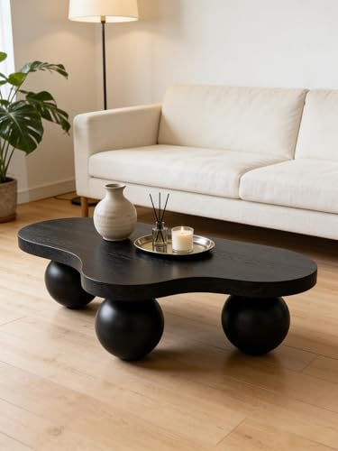 46" Cloud Coffee Table with 3 Ball Legs, Modern Irregular Center Table for Living Room, Low Cute Small MDF Tea Table for Bedroom, Space Apartment, Black - color: Cloud-46" Black