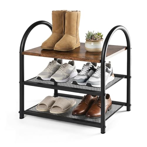 Small Shoe Rack Organizer for Entryway, Narrow Shoe Shelf Wood | 3-Tier, Rustic Wooden Top, Arched Metal Frame, Sturdy Mesh Shelves, for Front Door Closet Garage, 17.32" x 10.24" x 17.13" - size: 17.32" X 10.24" X 17.13"