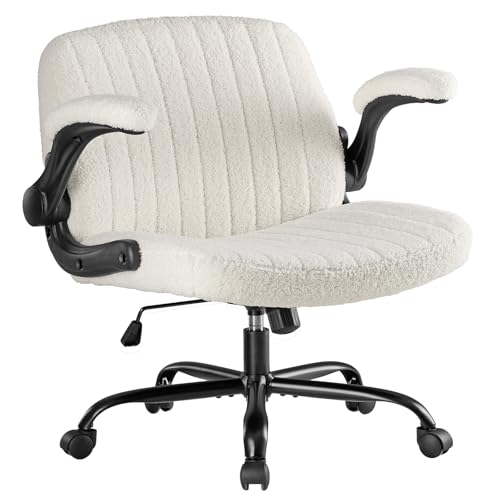DUMOS Criss Cross Home Office Chair with Wheels, Wide Cross Legged Desk Vanity Chair Comfy Fabric Flip-Up Armrests Adjustable Swivel Chairs for Home Computer Bedroom, Creamy White