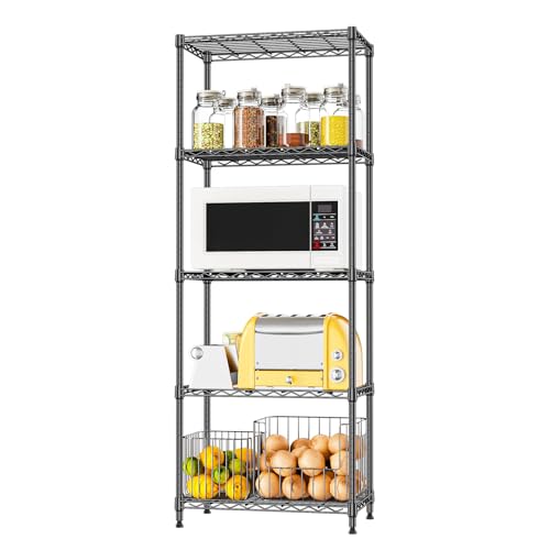 Wire Shelving Unit, 24” Metal Pantry Shelf, Adjustable Black Storage Rack | 23.6"W x 13.7"D x 53.4"H, 1000 lbs Capacity, 5-Tier Wire Storage Shelf Rack for Kitchen, Garage & Laundry Storage - color: Black, size: 5-tier 13.7" D x 23.6" W x 63" H