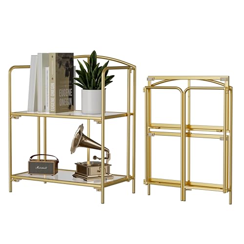 Crofy 2-Tier Foldable Bookshelf, Gold Frame & Transparent Shelves | No-Assembly Collapsible Portable Storage Organizer; Sturdy Transparent Shelves; Ideal for Living Room & Home Office - color: Gold Frame & Transparent Shelf, size: 2 Tier