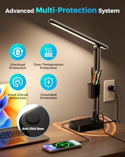 LED Desk Lamp with Power Strip, 3 AC Outlets & 4 USB Ports (2 USB-C), Stepless Dimming & 2800K-6500K Eye-Caring Desk Light, Foldable Table Lamp for Home Office, Dorm Room Essentials(10FT) - color: Black,10FT