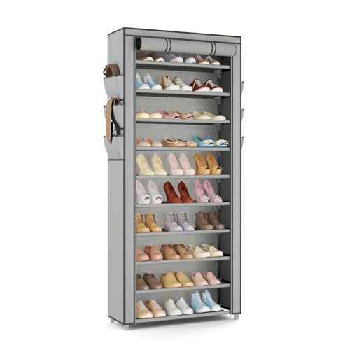 VTRIN Vertical Narrow Shoe Rack Organizer Tall Shoe Rack for Closet Entryway 10 Tier Non-Woven Cover Shoe Shelf Holds 36-41 Pairs Free Standing Shoe Storage Cabinet with Dustproof Cover, Grey - color: Grey, size: 24.8"W x11.8"D x 68.9"H