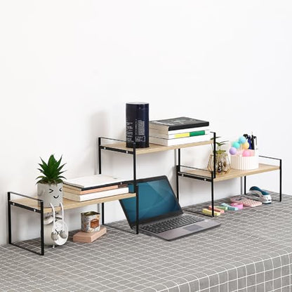 YGYQZ Desk Shelf Organizer for Top of Desk, 3-Tier Desktop Bookshelf, Black & Wood - color: 3-tier Black/Wood