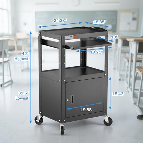 POCHAR Steel Large AV Cart with Locking Cabinet - Adjustable Height Media Carts with Wheels, Pullout Tray, Power Strip for Mobile Work Station - Rolling Computer Cart for Office Classroom Presentation - style: Locking Cabinet with Keyboard Tray (AV-G)