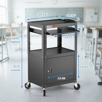 POCHAR Steel Large AV Cart with Locking Cabinet - Adjustable Height Media Carts with Wheels, Pullout Tray, Power Strip for Mobile Work Station - Rolling Computer Cart for Office Classroom Presentation - style: Locking Cabinet with Keyboard Tray (AV-G)