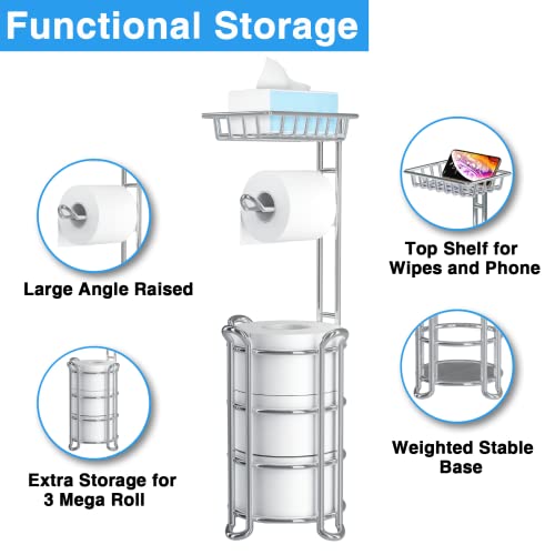 Toilet Paper Holder Stand with Shelf for Phone, Bathroom Free Standing Tissue Roll Storage Rack with Dispenser for 4 Mega Rolls, Chrome - color: Chrome