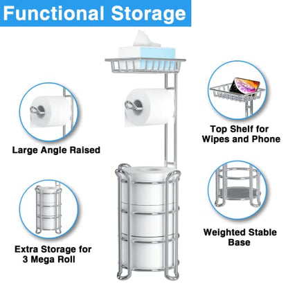 Toilet Paper Holder Stand with Shelf for Phone, Bathroom Free Standing Tissue Roll Storage Rack with Dispenser for 4 Mega Rolls, Chrome - color: Chrome