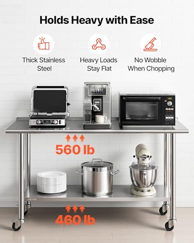 VEVOR Stainless Steel Work Table, 24x60 Inch Food Prep Table, Commercial Kitchen Workstation with Adjustable Undershelf, Metal Heavy Duty Utility Worktable, for Restaurant Home Hotel Garage Outdoor - size: 24*60