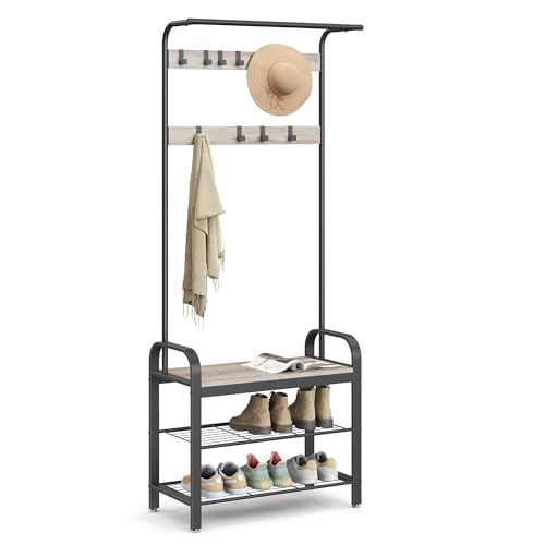 VASAGLE Coat Rack, Hall Tree with Shoe Bench for Entryway, Entryway Bench with Coat Rack, 4-in-1, with 9 Removable Hooks, a Hanging Rod, 13.3 x 28.3 x 72.1 Inches, Greige and Black UHSR40MB - color: Greige + Black, size: 28.3"W