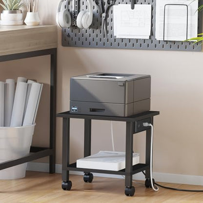 TUTOTAK Printer Stand, 2 Tier Rolling Printer Cart with Charging Station | Small Under Desk Printer Table with Wheels for Small Space, Office, Home, Black PS01BK001 - color: Black, size: 2 tier(15.7 x 11.8 x 15.4inchs)