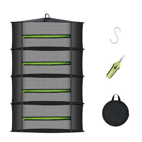MEKOLIFE 4-Tier Herb Drying Rack Hanging Mesh | 23.62" mesh dryer with zipper, hooks and pruning shears, for indoor and outdoor herbs, seafood, flowers and plants - size: 4 Layers