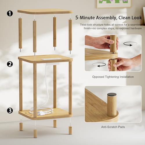 Bamboo End Table with Charging Station, Side Table for Small Space, Small Table Stand, Narrow Wooden Bedside Table Nightstand with Shelves, for Nursery, Living Room, Bedroom, Natural - color: Natural