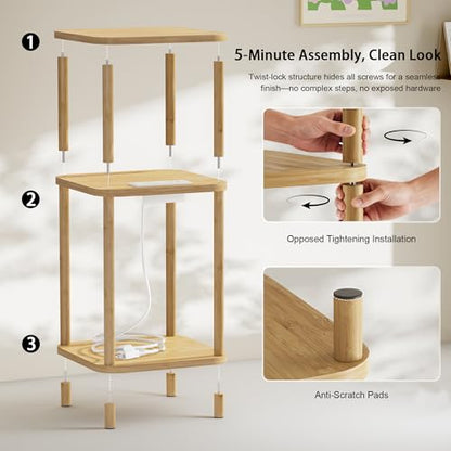 Bamboo End Table with Charging Station, Side Table for Small Space, Small Table Stand, Narrow Wooden Bedside Table Nightstand with Shelves, for Nursery, Living Room, Bedroom, Natural - color: Natural
