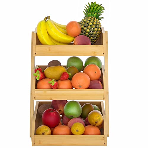 Merysen 3-Tier Bamboo Fruit Basket for Kitchen Countertop, Self-assembly | Large Fruit Holder Stand, Suitable for Bread, Snacks, Vegetables, Produce, Home Storage and Display - size: 3 Tier Bamboo