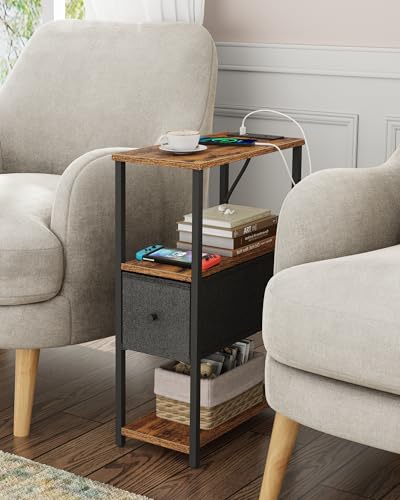 TUTOTAK Small Narrow End Table with Charging Station, Set of 2, Side Table with Outlets, Nightstand with Cloth Drawer, Couch Table, for Living Room, Bedroom, Bedside, Brown and Black TB01BB058K - color: Brown and Black, style: 1 Drawer & Plug