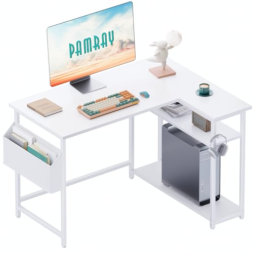 Pamray 40 Inch L Shaped Computer Desk with Reversible Side Storage Shelves, Small Corner Desk for Small Space Home Office, Writing Study Table PC Desk for Bedroom, White - color: White, size: 40 Inch
