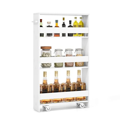 LOKO Slim Storage Cart, 4-Tier Rolling Cart with Handle & Wooden Top for Kitchen Bathroom Laundry Living Room Narrow Small Spaces, 5 Inches Width (Plain White) - color: Plain White