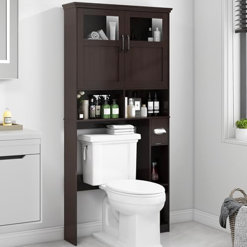 Vabches Over The Toilet Storage Cabinet with Doors & Paper Holder, Espresso | Freestanding Toilet Shelf Space Saver with Anti-Tip Design & Adjustable Shelf or Restroom, Bathroom, Laundry - color: Espresso, size: W33.03''