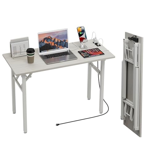 TEMI Small Computer Desk Folding Table - No Assembly, Compact 43.3" Foldable Desk with Power Outlets & USB Charging Port, Portable Small Office Desk, Ideal Mini Study Table for Narrow Spaces,White Ash - color: White Ash, size: 43.3 Inch, style: With Power